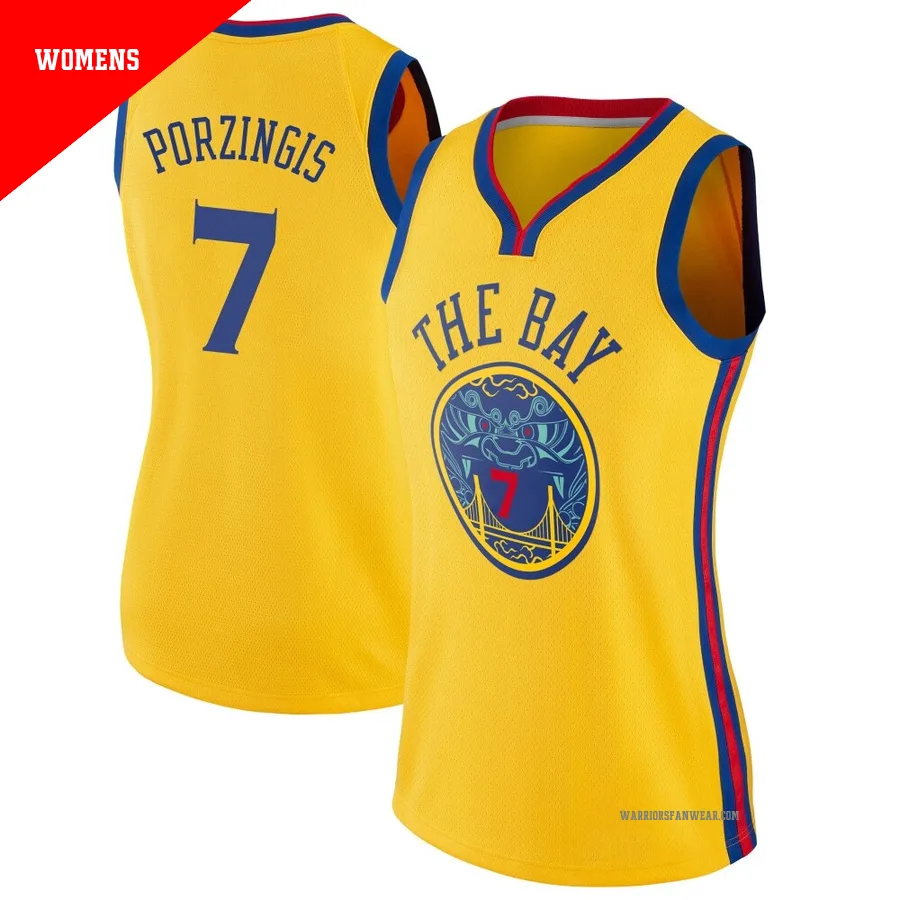 Kristaps Porzingis ＃7 Golden State Warriors Swingman Gold Women's Jersey - City Edition